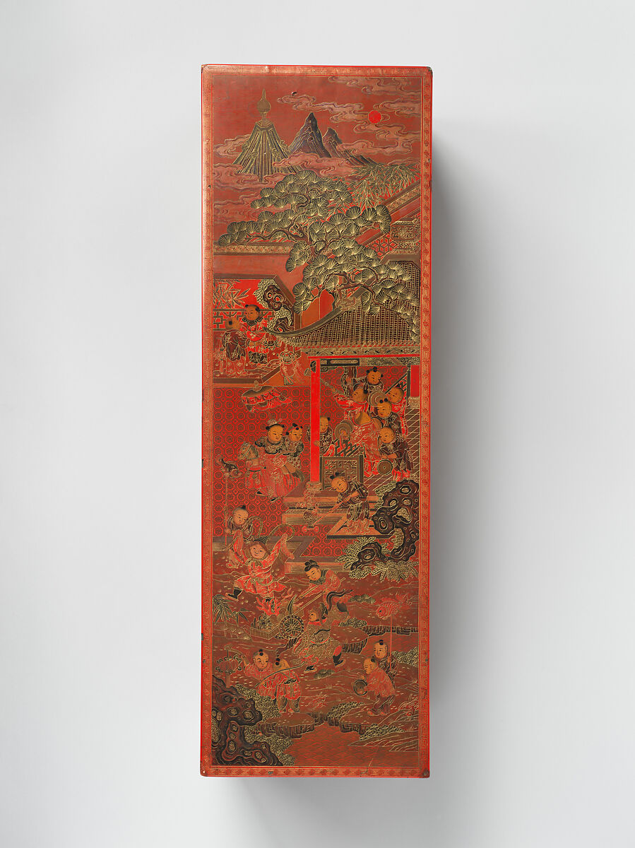 Box with boys at play, Red lacquer with incised decoration inlaid with gold, China