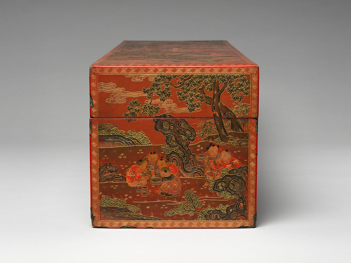 Box with boys at play, Red lacquer with incised decoration inlaid with gold, China