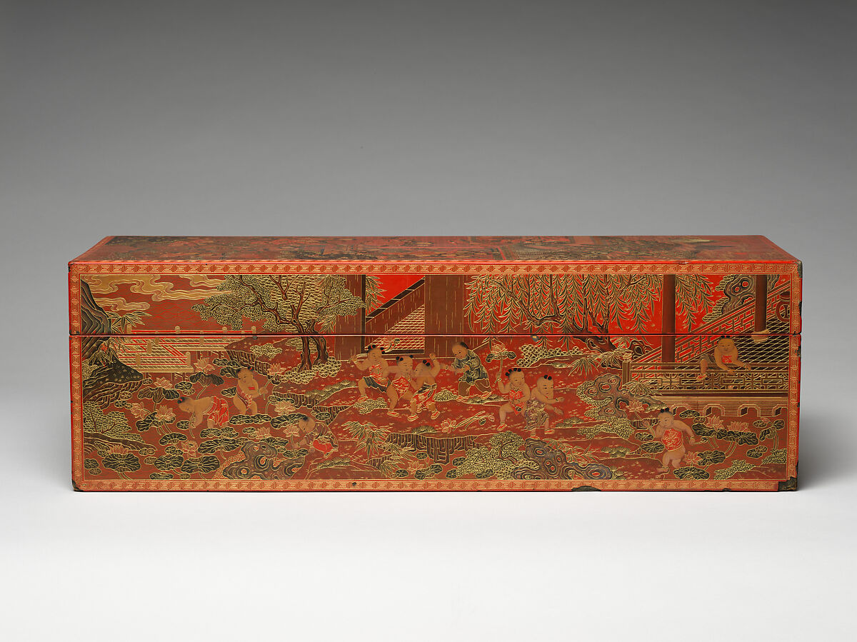 Box with boys at play, Red lacquer with incised decoration inlaid with gold, China