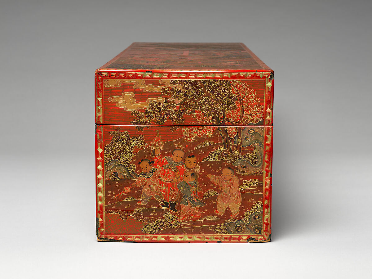 Box with boys at play, Red lacquer with incised decoration inlaid with gold, China