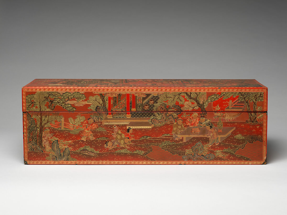 Box with boys at play, Red lacquer with incised decoration inlaid with gold, China