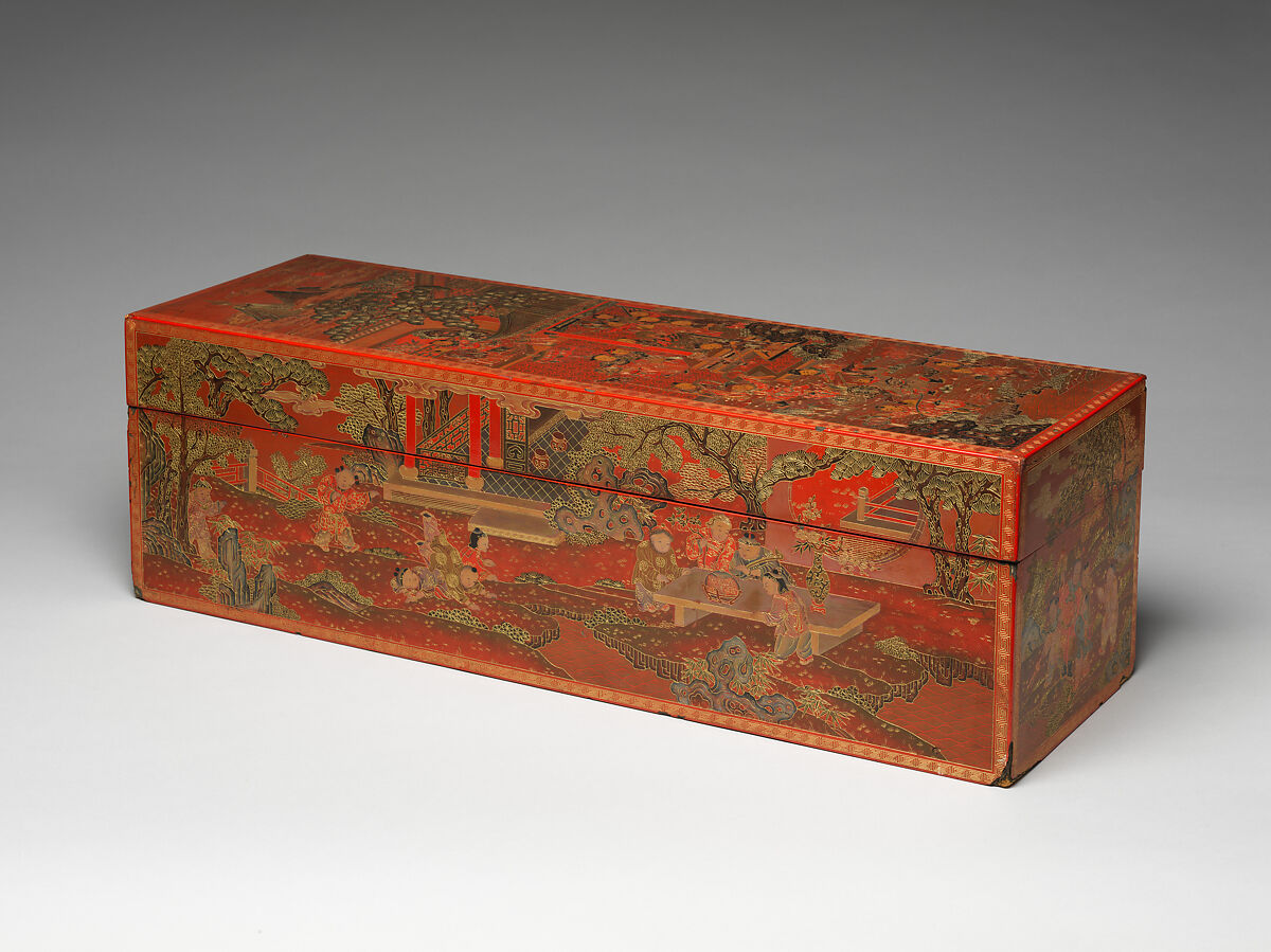 Box with boys at play, Red lacquer with incised decoration inlaid with gold, China 