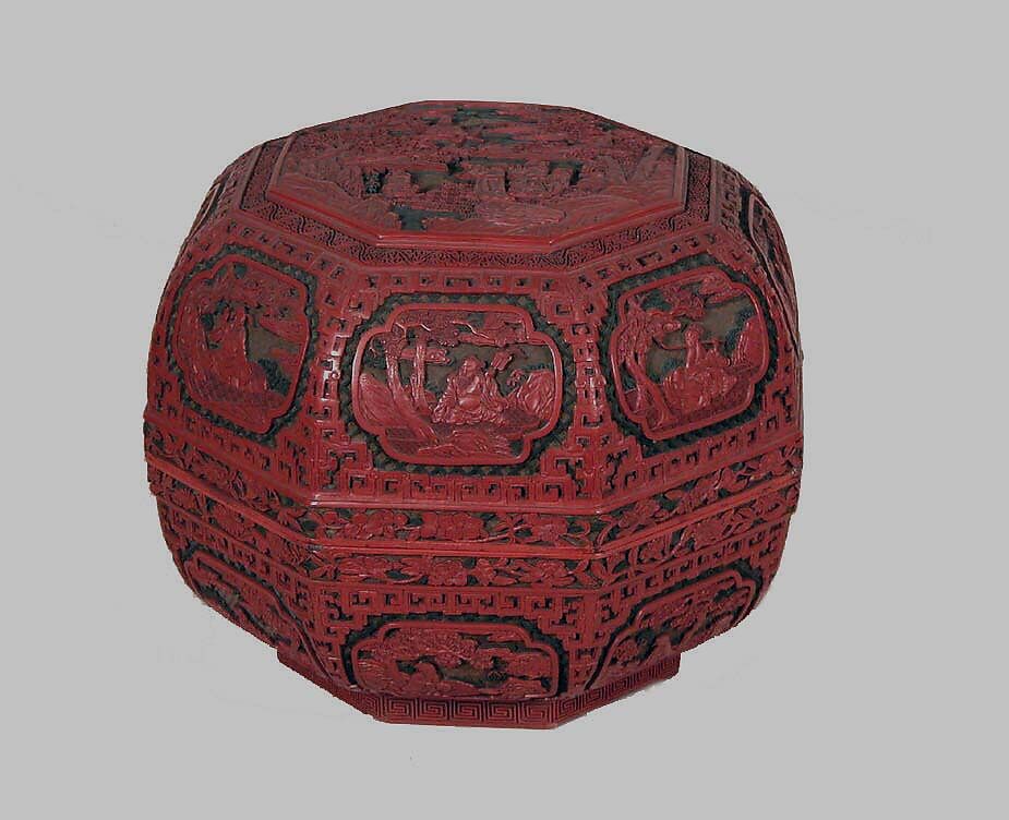 Box with Daoists welcoming immortal Shoulao, Carved red and green lacque, China 