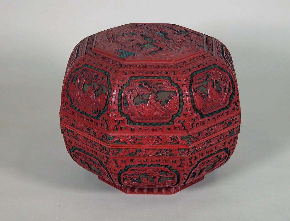 Box with Daoists welcoming immortal Shoulao, Carved red and green lacquer, China 