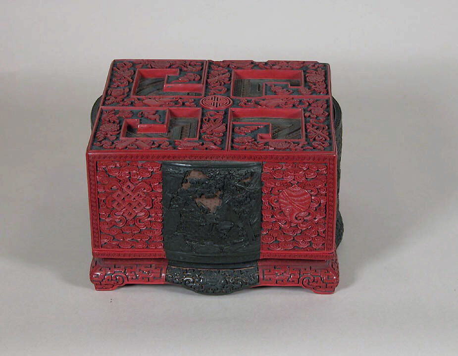 Box with Landscape Scenes and Auspicious Emblems, Carved red, green, and black lacquer, China