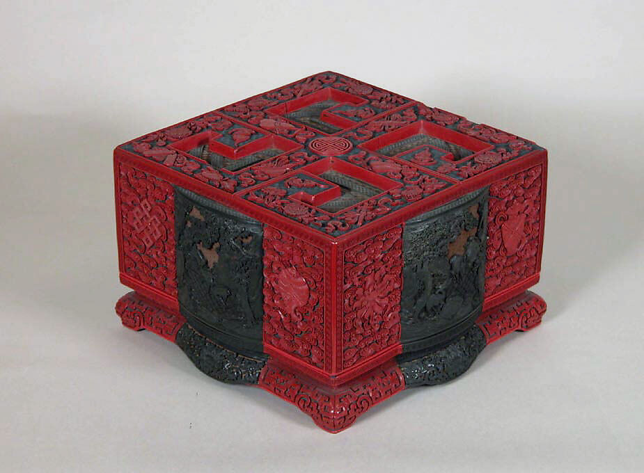 Box with Landscape Scenes and Auspicious Emblems, Carved red, green, and black lacquer, China 