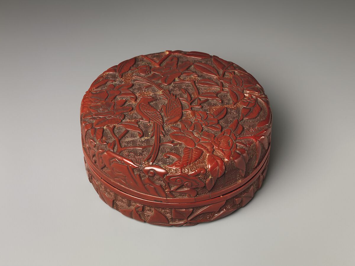 Box with long-tailed birds and peonies, Carved red lacquer, China 