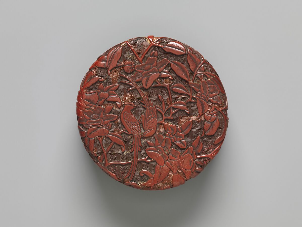 Box with long-tailed birds and peonies, Carved red lacquer, China