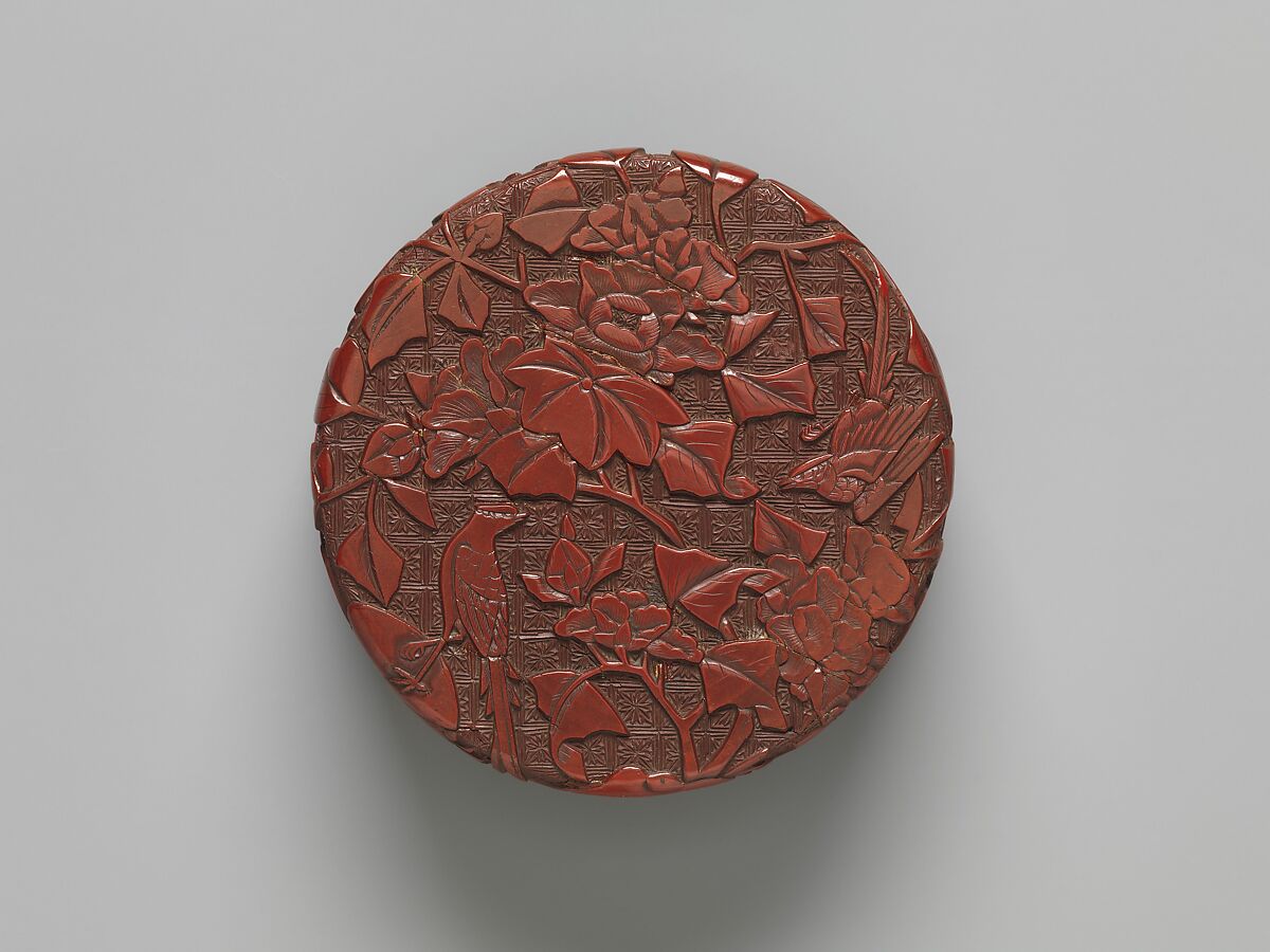 Box with long-tailed birds and peonies, Carved red lacquer, China