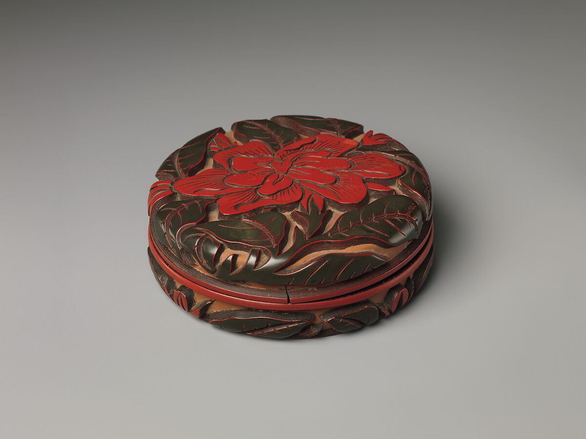 Box with camellia, Carved red and green lacquer, China 