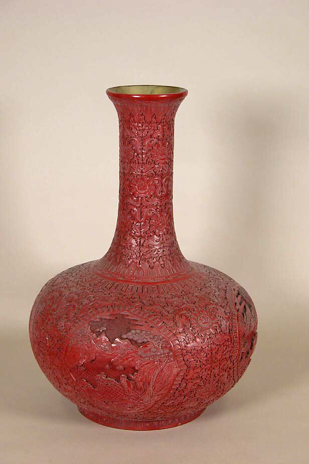 Vase with peony scroll and landscape panels, Carved red lacquer, China 