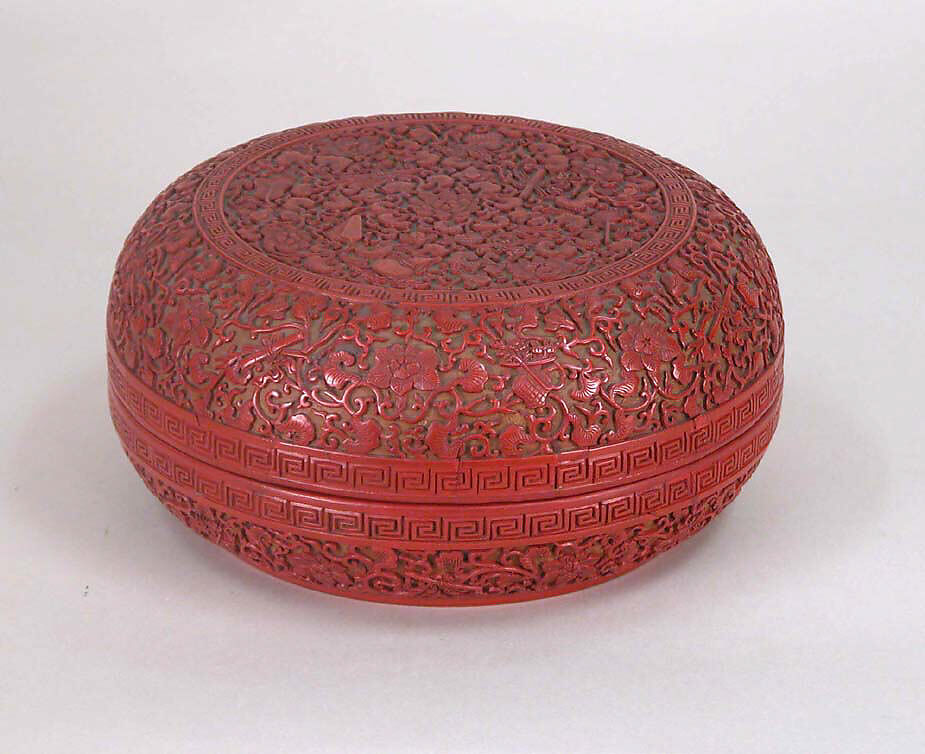 Box with Eight Buddhist Treasures, Carved red lacquer, China 