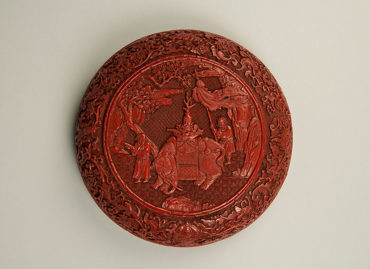 One of a pair of boxes with elephants, Carved red lacquer, China 