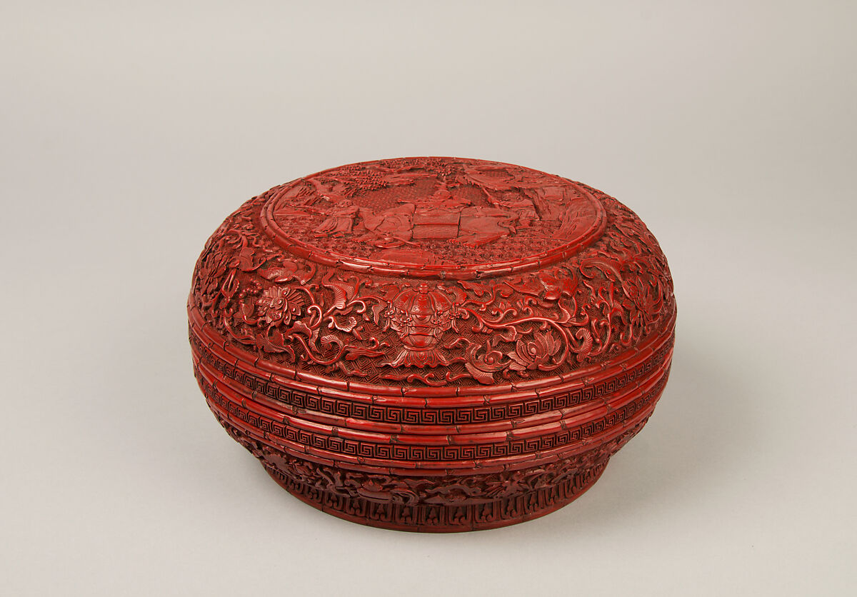 One of a pair of boxes with elephants, Carved red lacquer, China