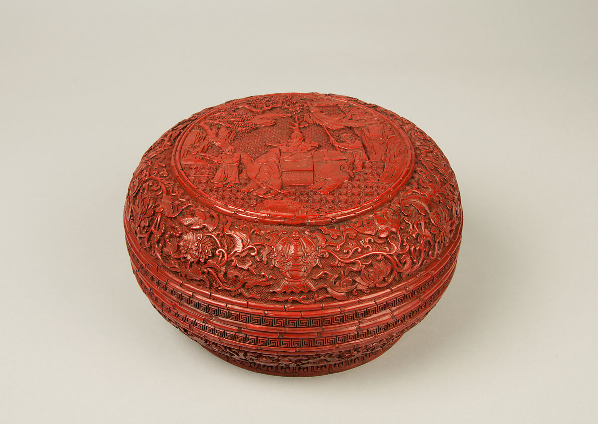 One of a pair of boxes with elephants, Carved red lacquer, China