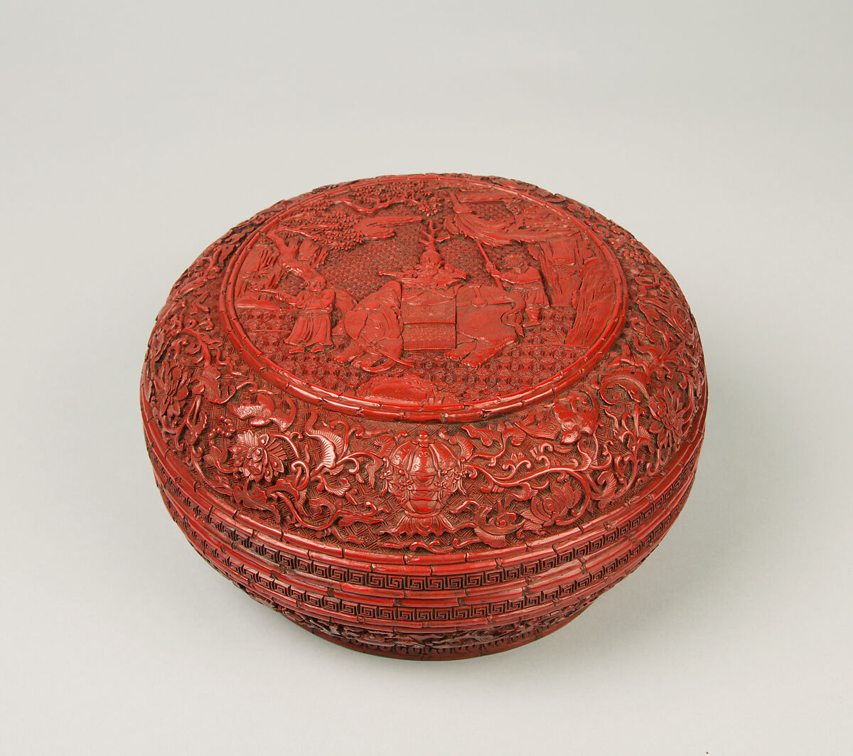 One of a pair of boxes with elephants, Carved red lacquer, China