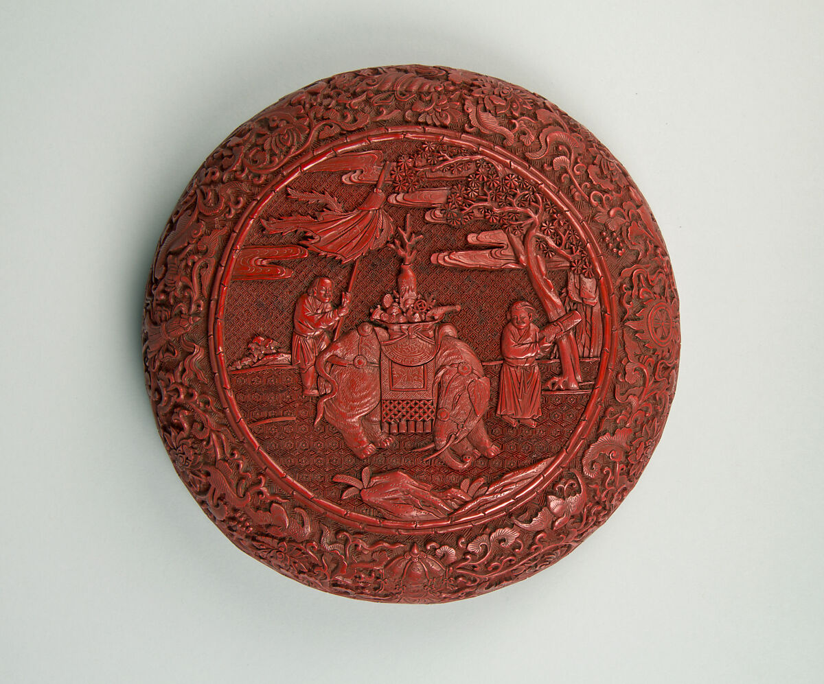 One of a pair of boxes with elephants, Carved red lacquer, China 