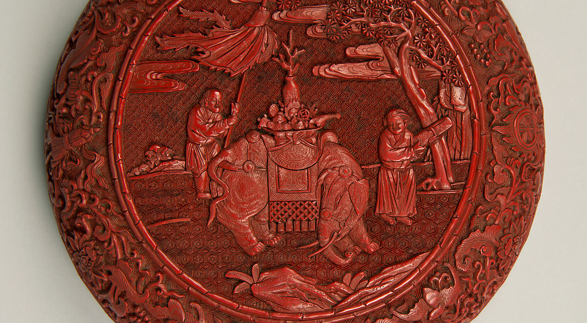One of a pair of boxes with elephants, Carved red lacquer, China