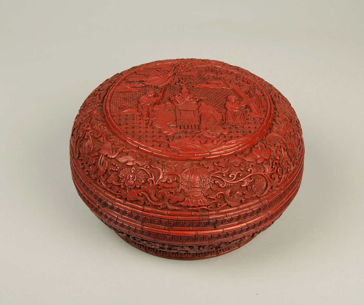 One of a pair of boxes with elephants, Carved red lacquer, China