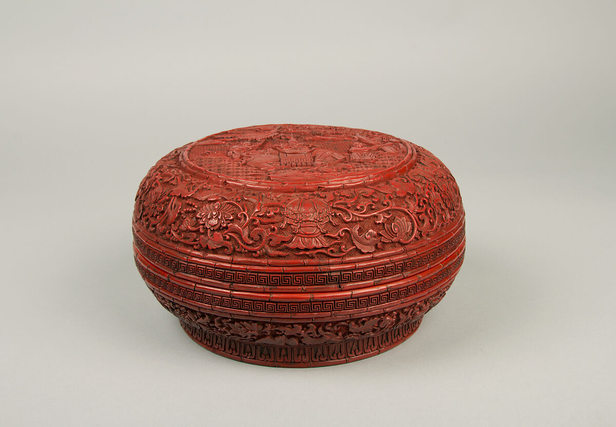One of a pair of boxes with elephants, Carved red lacquer, China