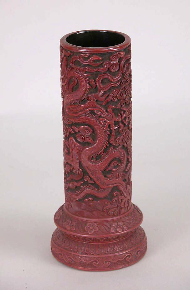 Brush holder with dragons and clouds, Carved red lacquer, China 