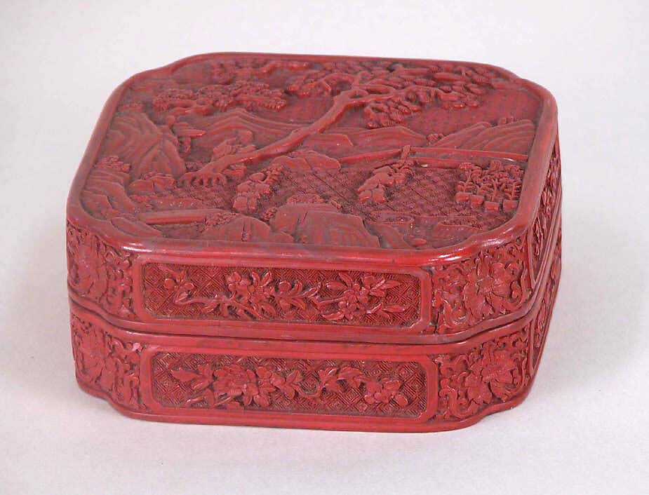 Box with a scholar and chrysanthemums, Carved red lacquer, China 