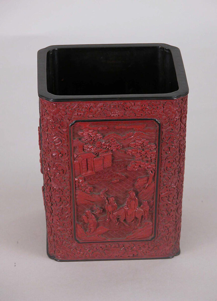 Brush holder with scholars, Carved red lacquer, China 