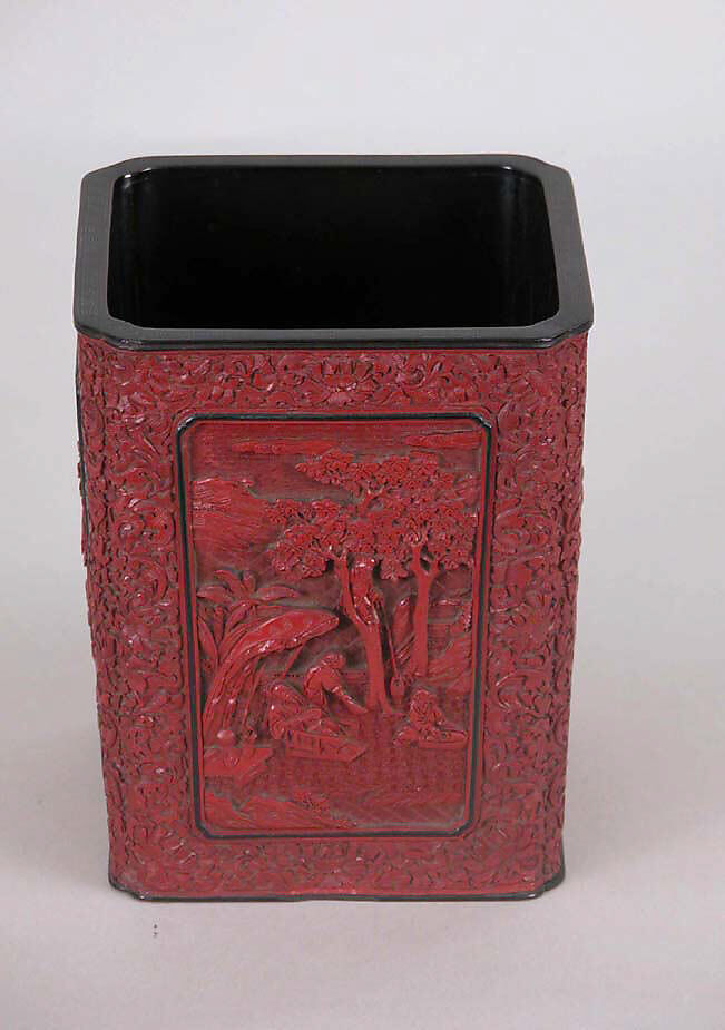 Brush holder with scholars, Carved red lacquer, China