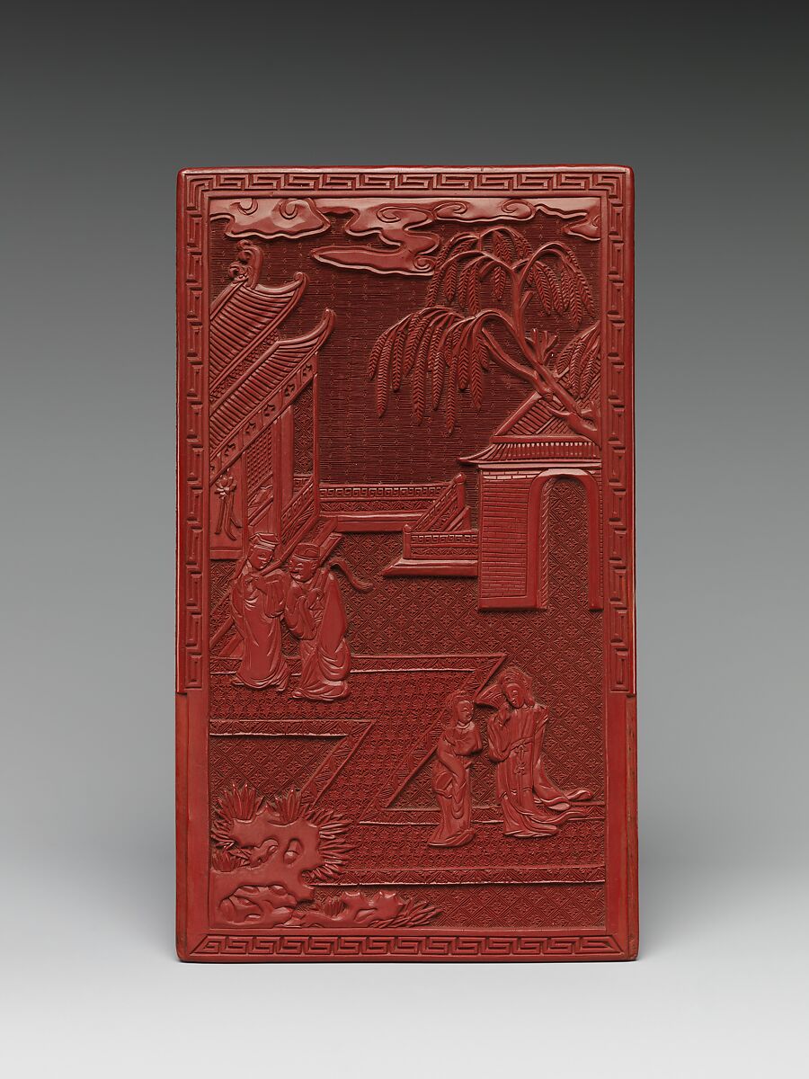 Pair of screens with scenes from Romance of the West Chamber, Carved red lacquer, China