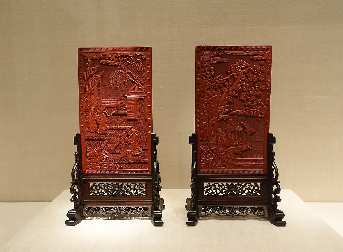 Pair of screens with scenes from Romance of the West Chamber, Carved red lacquer, China 