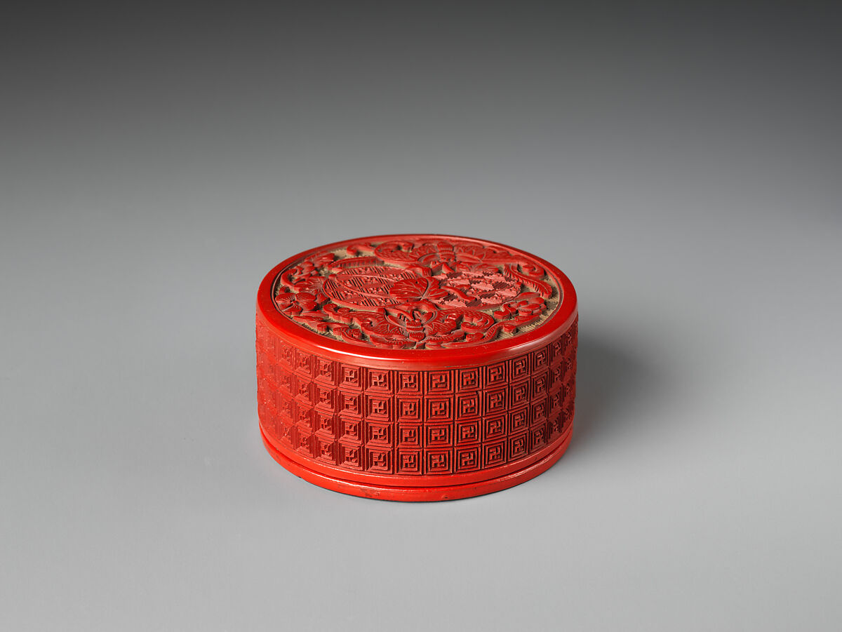 Pair of boxes with melons and butterflies, Carved red lacquer, China 