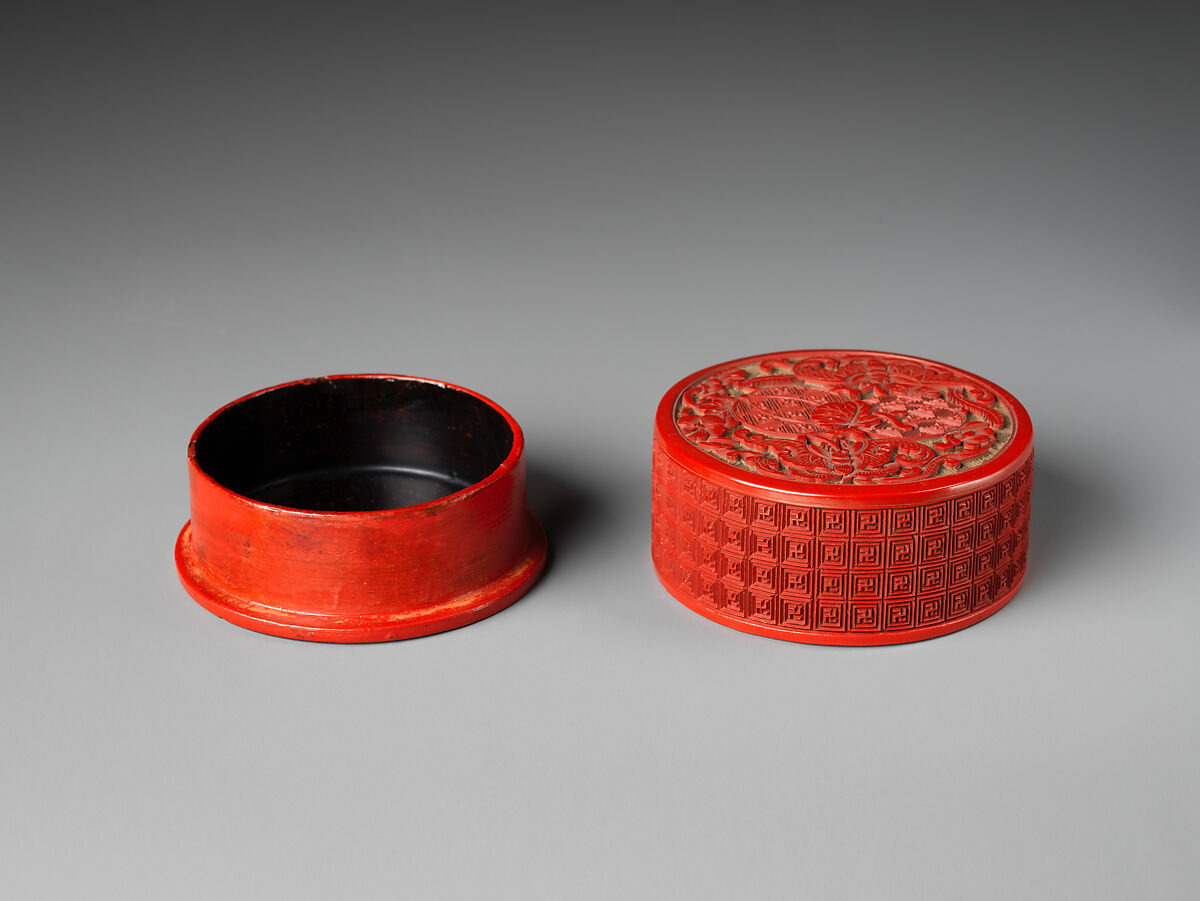 Pair of boxes with melons and butterflies, Carved red lacquer, China