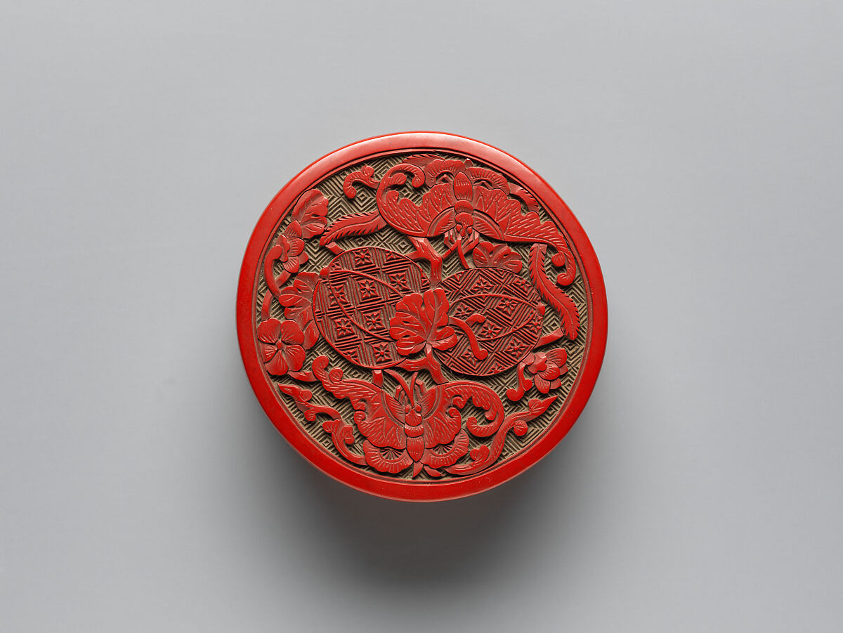 Pair of boxes with melons and butterflies, Carved red lacquer, China