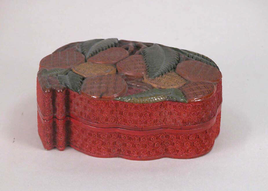 Box with lychees, Carved red, green, and yellow lacquer, China 