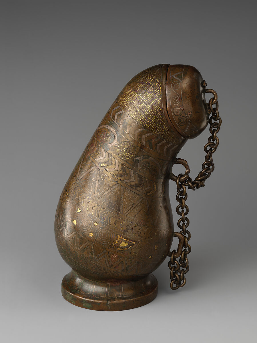 Pouch-shaped vessel, Copper alloy, gold and silver inlay, China