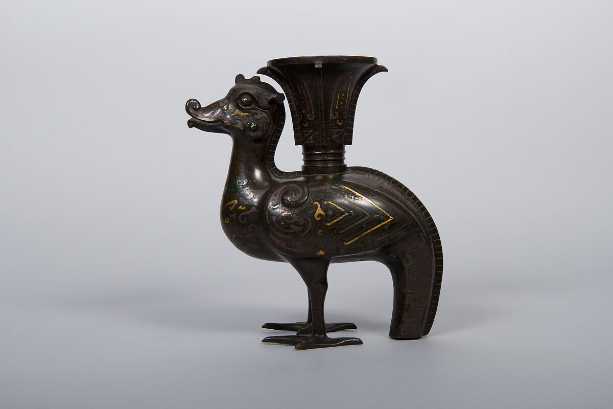 Vessel in the Form of a Heavenly Rooster, Bronze inlaid with gold and silver, China 