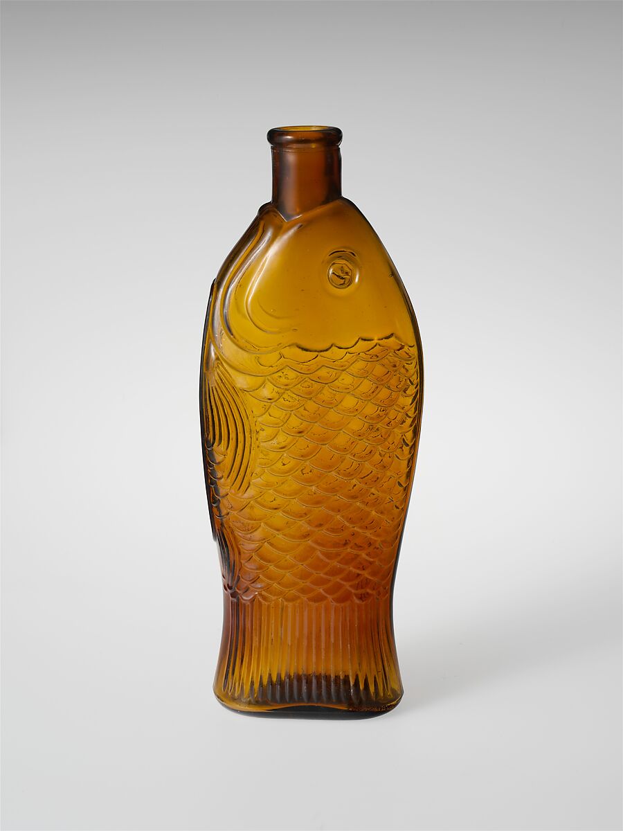 Bottle, Free-blown molded amber glass, American 