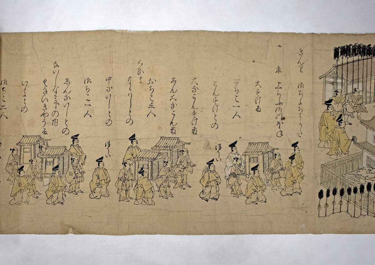 Procession of the Emperor and His Suite, Kano School (Japanese, 1476–1559), One of a set of two handscrolls; ink and color on paper, hand-tinted, Japan