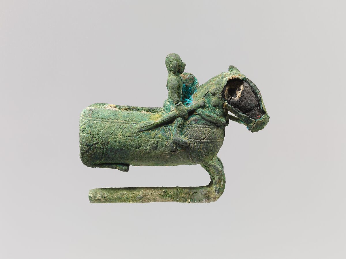 Finial in shape of a horse and rider, Bronze, China or Southeast Asia