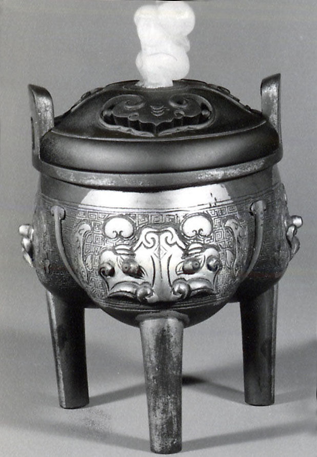 Covered Tripod Vessel, Bronze, wood, glass, China 