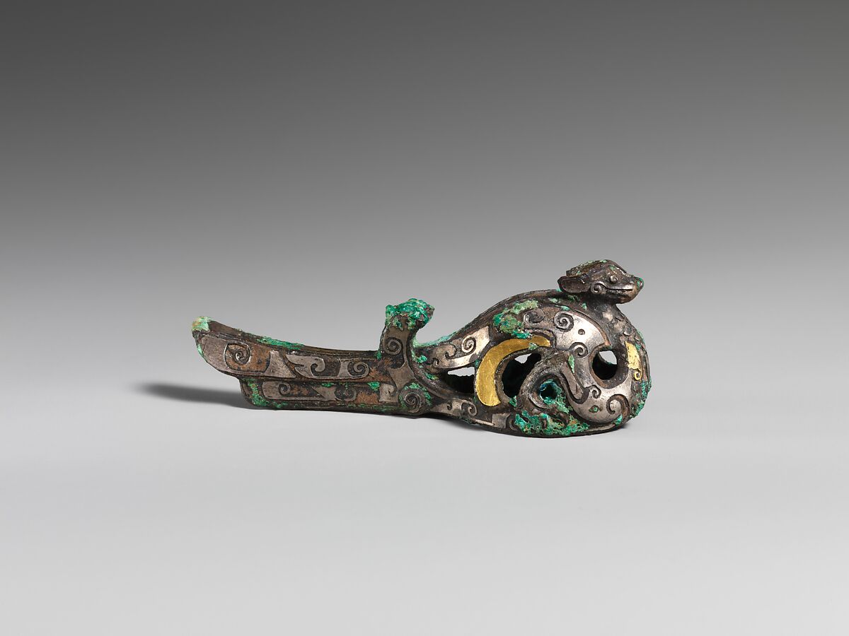 Finial in the shape of a bird, Bronze inlaid with gold and silver, China 