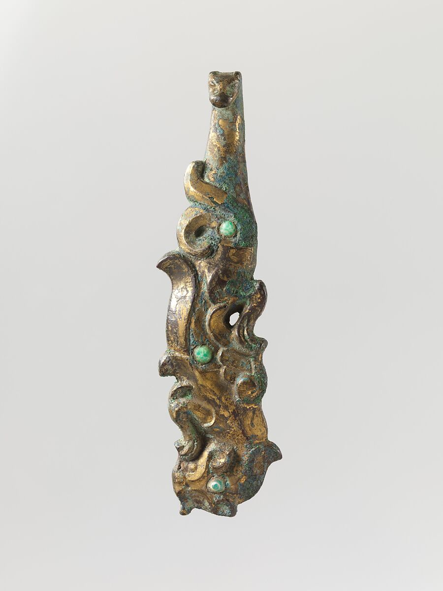 Belt Hook, Gilt bronze with glass inlay, China 