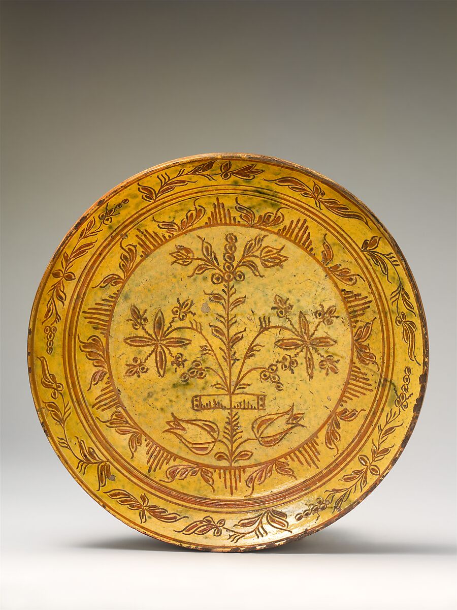 Plate, Attributed to John Leidy I (1764–1846), Earthenware; Redware with sgraffito decoration, American 