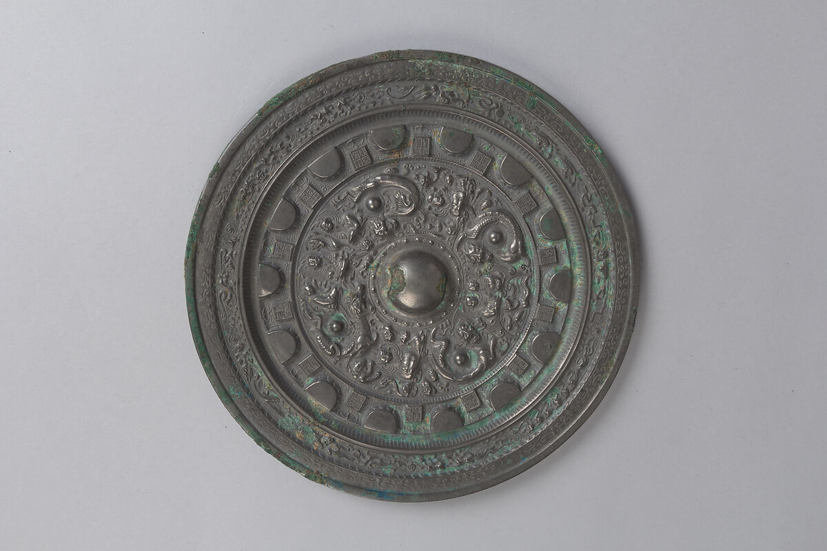 Mirror with deities and mythical creatures, Bronze, China 