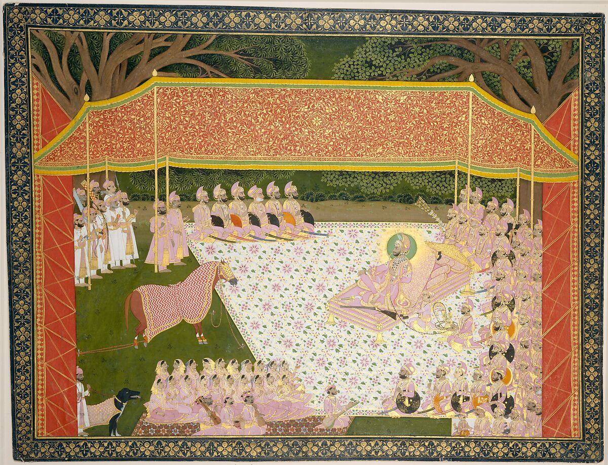 Maharana Sarup Singh Inspects a Prize Stallion, Tara (Indian, active 1836–1870), Opaque watercolor, ink, and gold on paper, Western India, Rajasthan, Mewar 
