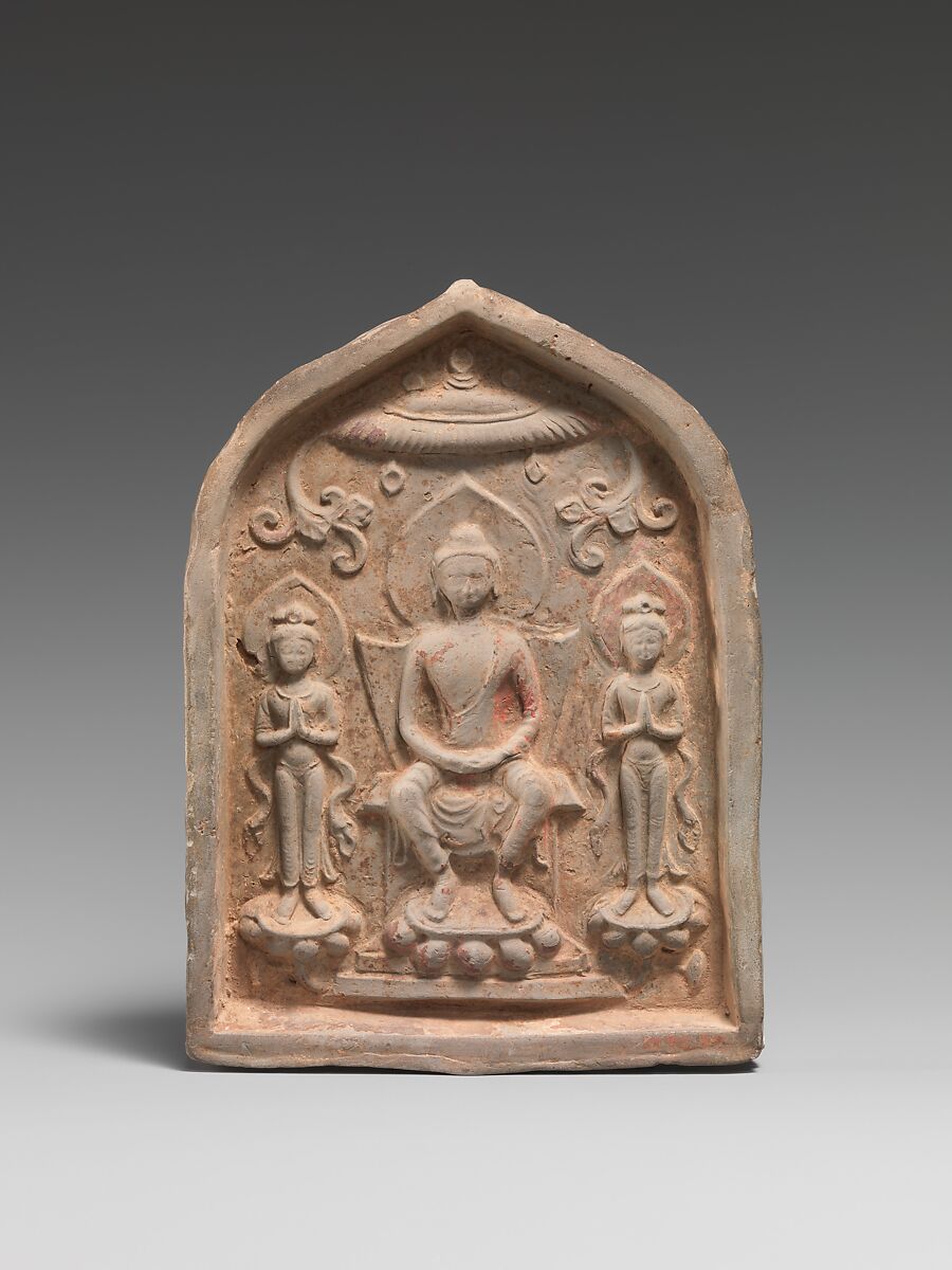 Votive Tablet with Buddhist Triad, Earthenware with traces of pigment, China 