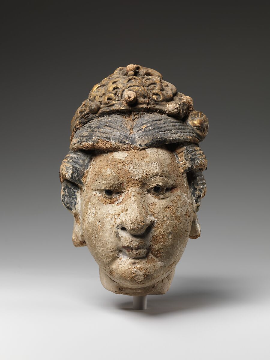 Head of Attendant, Unfired clay with pigment and gilding, China 