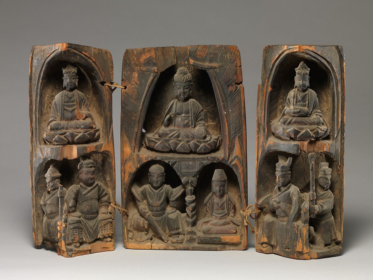 Portable Shrine with Buddhist Deities, Guardians and Donors, Wood (linden) with traces of pigment; single-block construction, China 