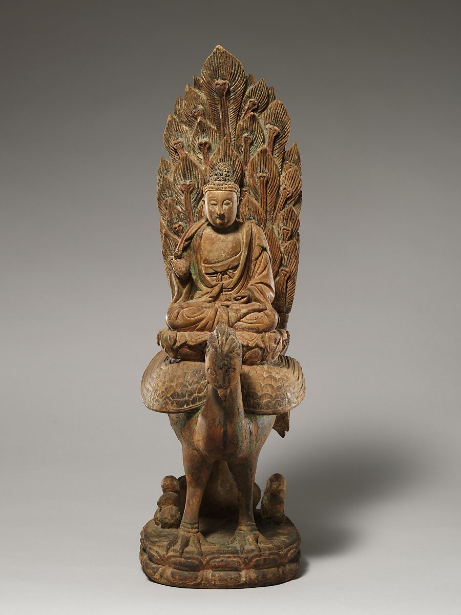 Buddha, possibly Amitabha, on a peacock, Linden wood with traces of pigment, China 