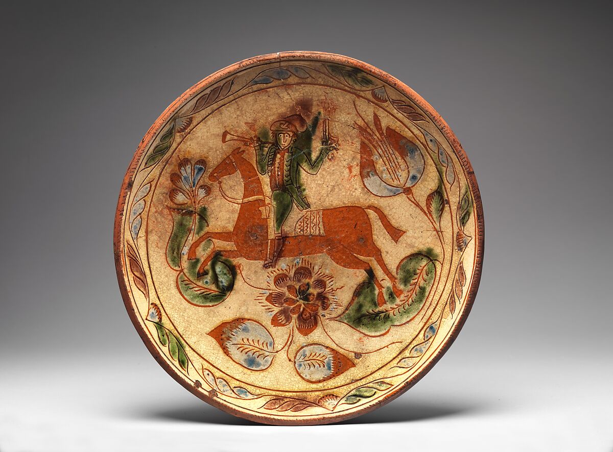 Plate, Attributed to John Neis (1785–1867), Earthenware; Redware with sgraffito decoration, American 